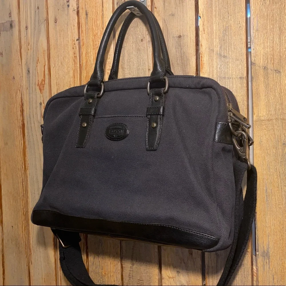 Fossil Black Canvas Laptop Nag with Leather Trim